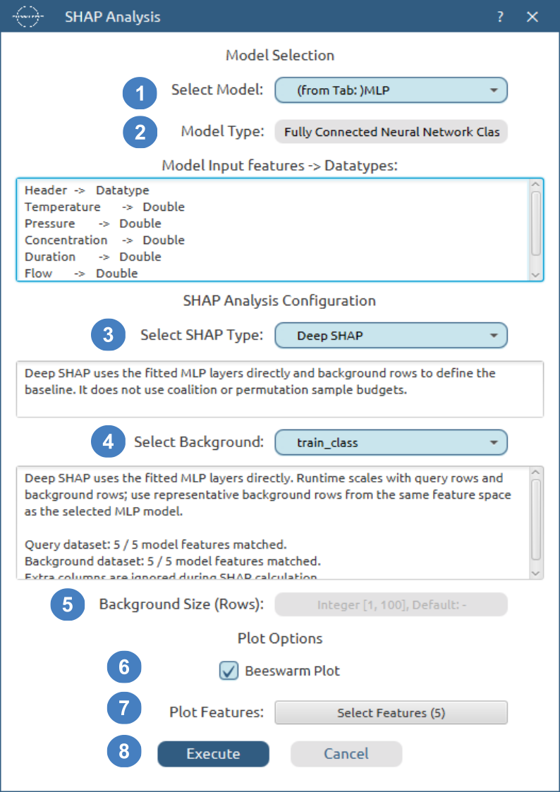 Deep SHAP configuration window for MLP classification