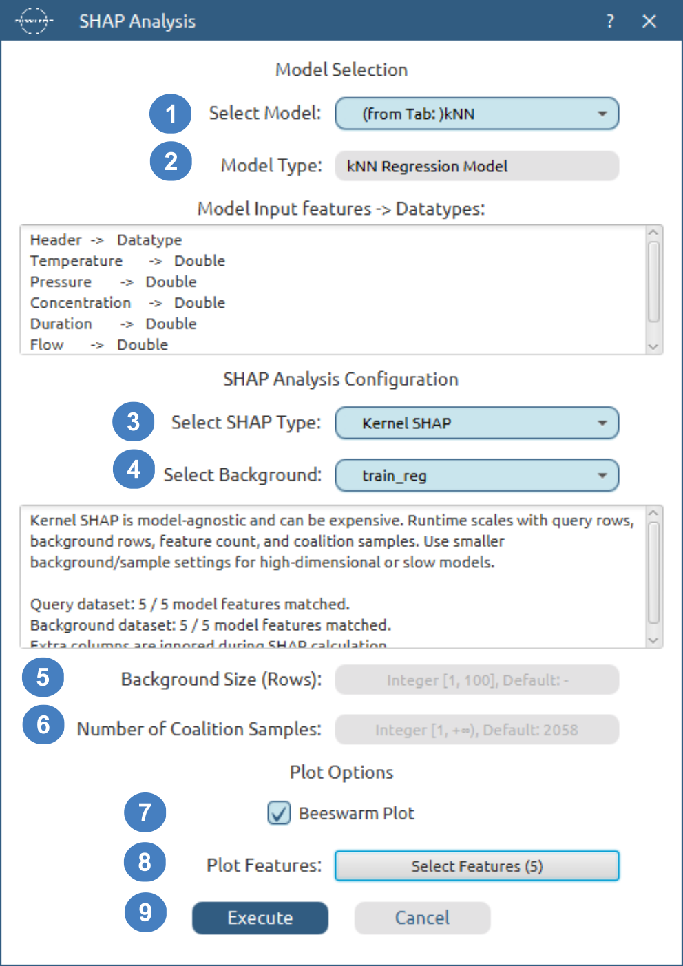Kernel SHAP configuration window for kNN regression, callouts 1 to 9
