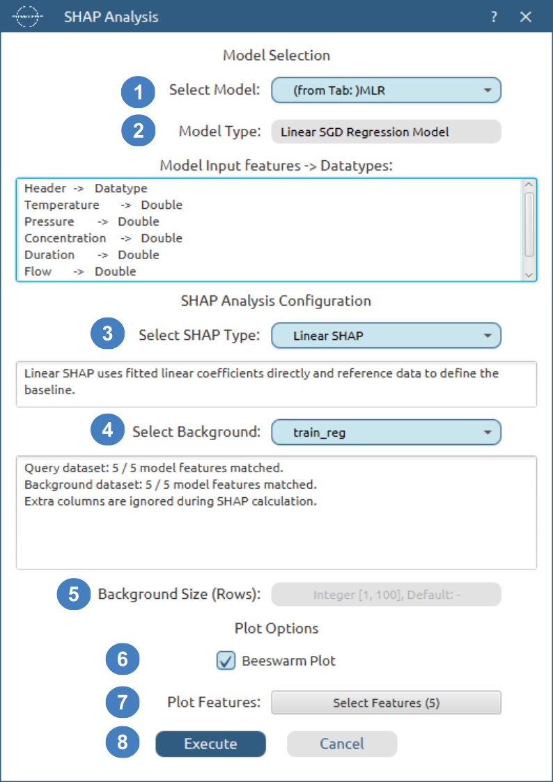 Linear SHAP configuration for the model in the MLR tab, identified as Linear SGD regression